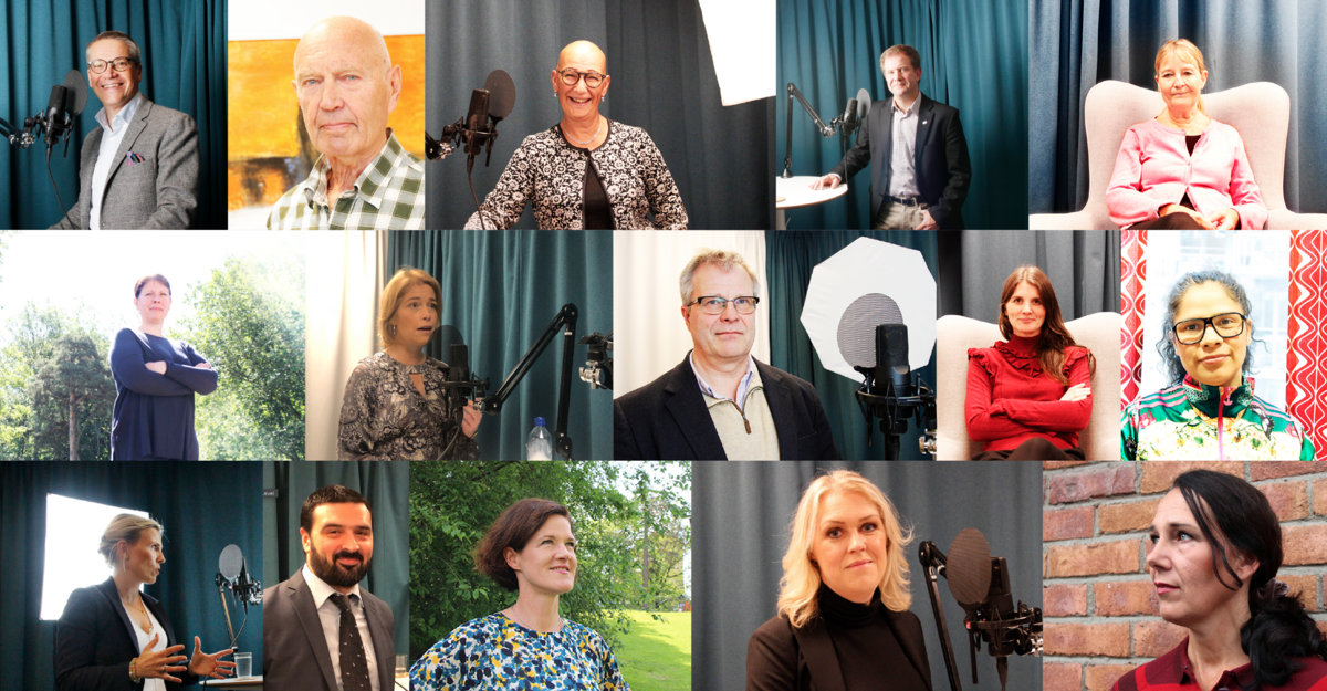 Collage med gäster till våra olika poddar.